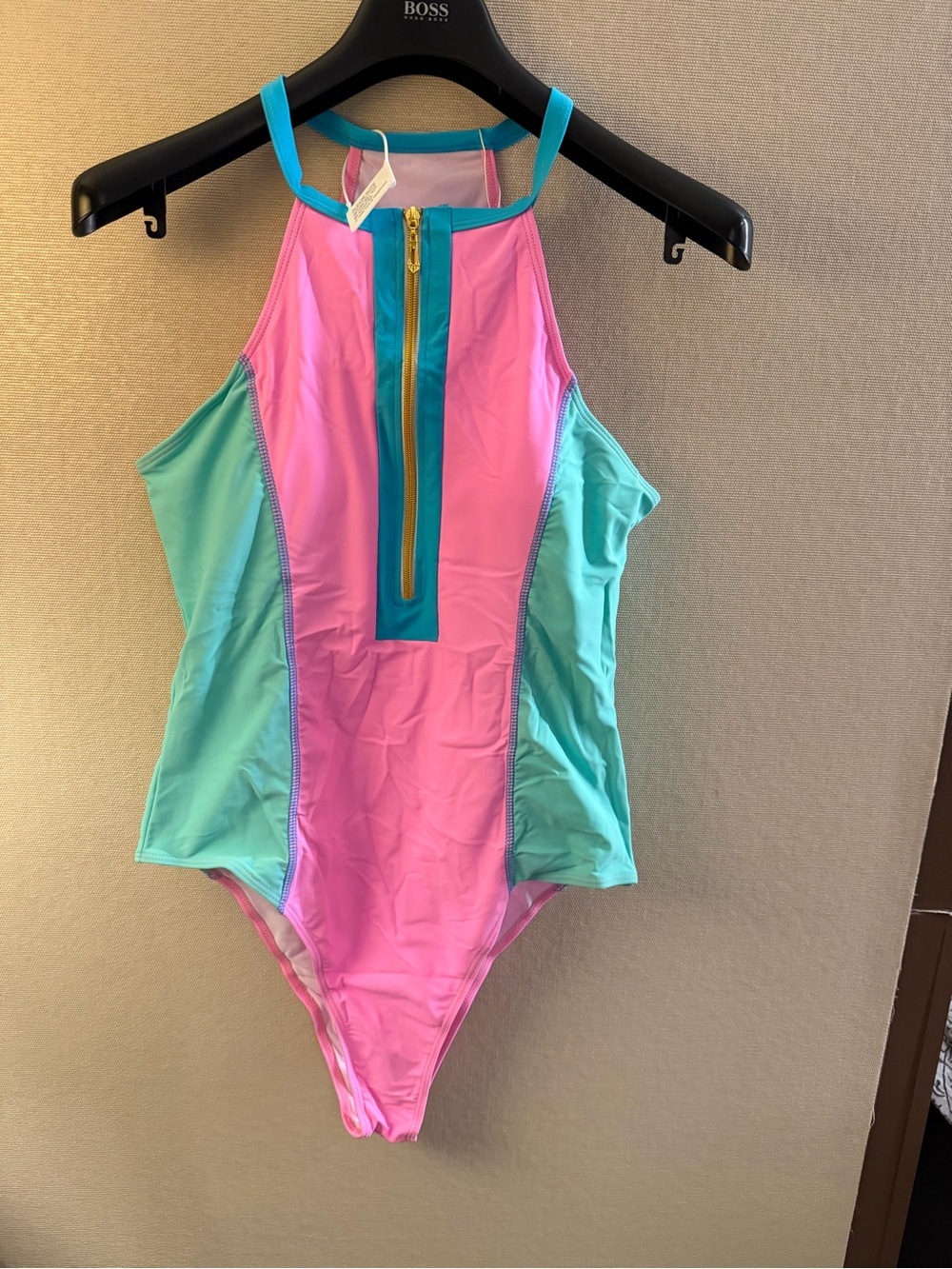 Women's Colorblock One-Piece Swimsuit with Front Zip - Pink & Teal